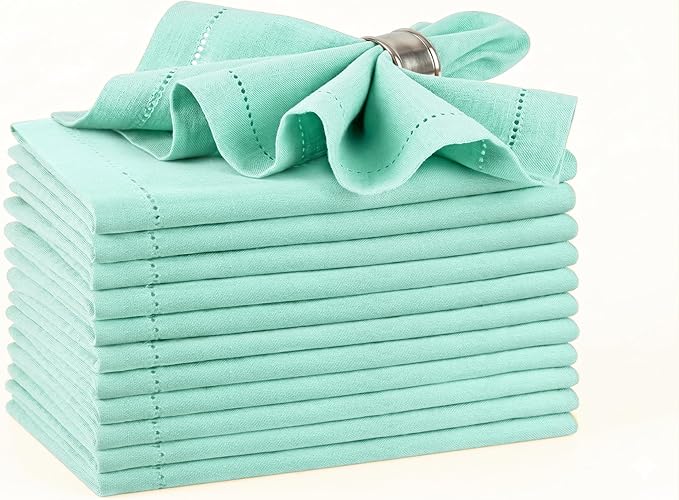 Palisa Mist Green Cotton Napkins Set of 12 | Premium Hemstitch Detailing Cloth Dinner Napkins 18x18 Inch | Soft Washable & Reusable Table Napkins for Everyday Use Weddings Restaurants & Hotels