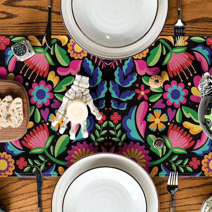 Artoid Mode Floral Dia De Los Muertos Serape Fiesta Mexican Table Runner, Mexico Day of The Dead Kitchen Dining Table Decoration for Home Party Decor 13x108 Inch