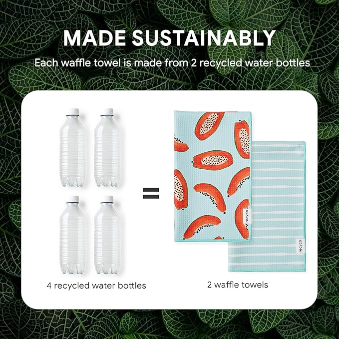 RECYCO Waffle Kitchen Towel Set of 2 - Quick Dry Microfiber Sustainable Dish Towels - Ultra Absorbent Reusable Cleaning Tea Towels - Lightweight Hand Towels,16”x 28”, Papaya Joy