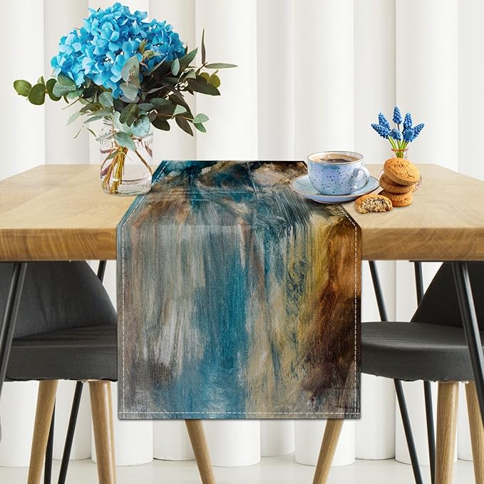 Teal Black and Brown Table Runners Rustic Farmhouse Linen Table Runners Abstract Modern Art Coffee Table Runner for Kitchen Dining Table Home Party Decor (Teal Brown, 13"x 36")