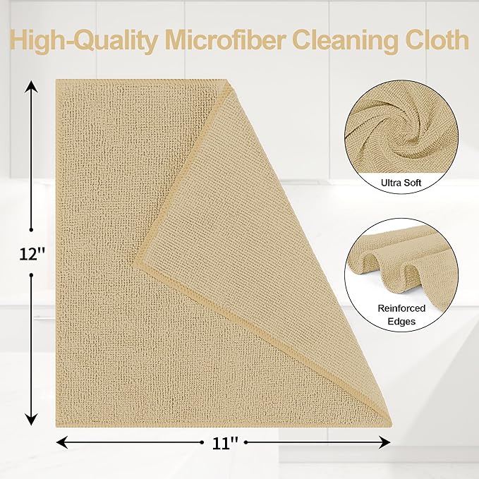 Microfiber Cleaning Cloth, 12 Pack Biege Cleaning Rags,12" X 11" Lint Free Dish Towels Wash Cloths, Reusable Microfiber Towels for Home and Kitchen Bathroom Apartment Cleaning Supplies
