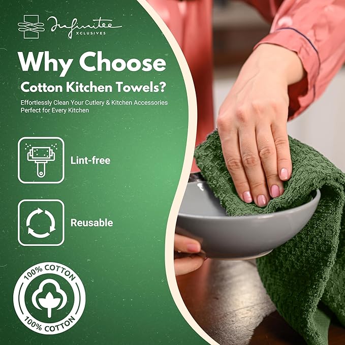 Infinitee Xclusives Premium Kitchen Towels – Pack of 3, 100% Cotton 15 x 25 Inches Absorbent Dish Towels - Terry Kitchen Dishcloth Towels - Green Dish Cloth for Household Cleaning