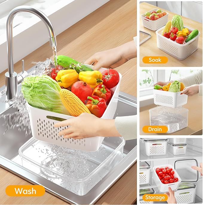 6 PCS Fruit Storage Containers for Fridge with 6 Removable Colanders, BPA Free Food Storage Containers, Dishwasher & Microwave Safe Produce Containers Keep Fruits, Vegetables, Berry, Meat Fresh Longer
