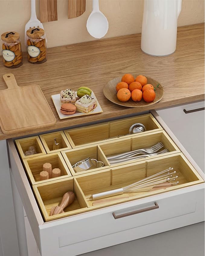 12 Compartments Silverware Drawer Organizer, 6 Piece Bamboo Utensil Tray Set for Kitchen Spoons Forks Knives, Adjustable Cutlery Holder with Removable Dividers for Flatware, Bedroom & Living Room