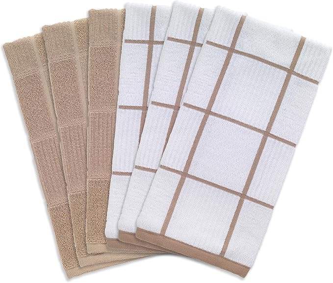 T-Fal Solid & Checked Parquet Kitchen Towels: Highly Absorbent, Super Soft Long Lasting - 100% Cotton, 16"x26" Dish Towels for Cleaning & Drying Dishes, Pans, Glassware, Countertops, 6-Pack, Sand
