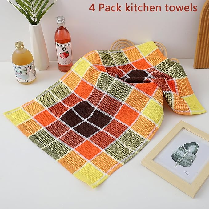 Bright Large Kitchen Towels, 4-Pack, 16 Inch x 26 Inch Buffalo Check Dish Towels for Washing Drying Dishes, Colorful Waffle Design Tea Towel Bar Towel (Orange)