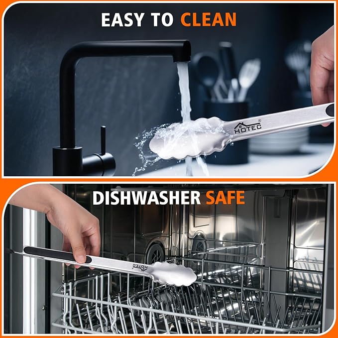 Hotec Stainless Steel Kitchen Tongs, Set of 2-9", Locking Metal Food Tongs for Cooking, Serving, BBQ, Grill Non-Slip Grip