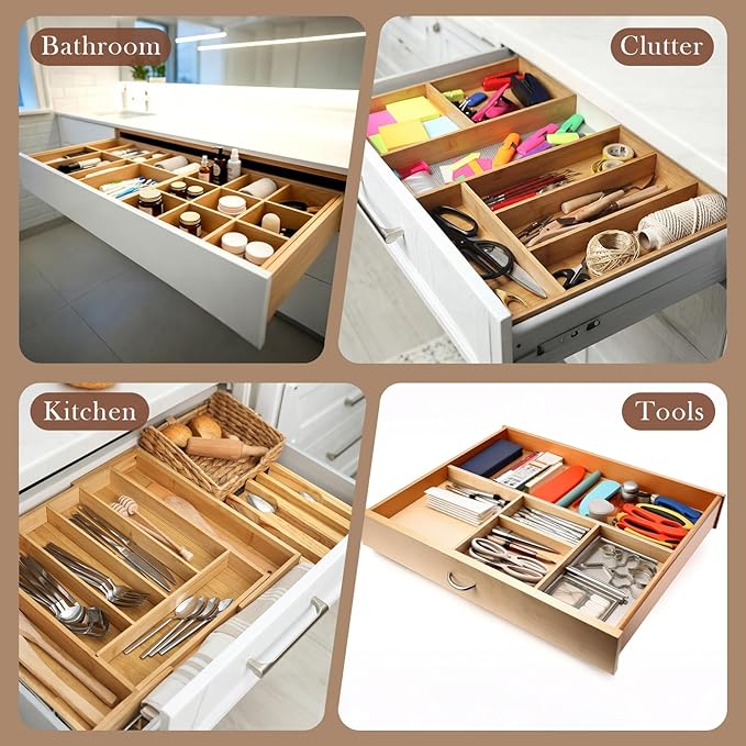 Leinuosen 2 Pack Maple Veneer Wood Drawer Divider Accessory 22 x 2.36 x 0.47 Inch Cuttable DIY Wood Divider for Drawer Organizers, Storing Cutlery, Knives and Tools