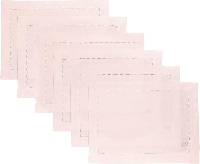 Solino Home Linen Cloth Placemats Set of 6-100% Pure Linen Hemstitch Pink Placemats 14 x 19 Inch - Classic Hemstitch Table Place Mats for Mothers Day, Spring, Summer