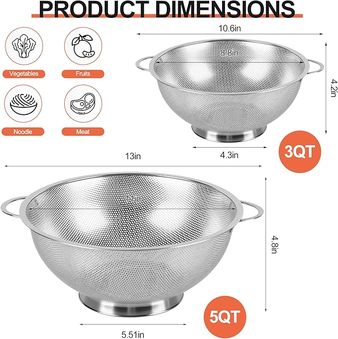 Kaishun Colander Stainless Steel 5-Quart, Strainer for Kitchen Food, Dishwasher Safe