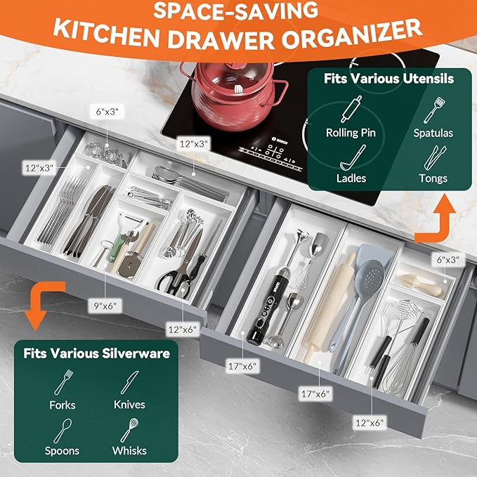 Lixple Bamboo Drawer Organizer, Cutlery Silverware Organizer for Kitchen Drawer, Stackable Utensil Organizer, 2 Pcs Flatware Organizer for Drawer, Wooden Storage Box Tray (White, 12 X 6 X 2 Inch)