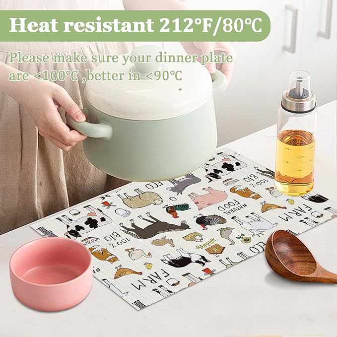 Farmhouse Animal Placemats Set of 6, Washable Heat Resistant Table Mat Linen Place Mats for Party Kitchen Dining Home Decor 12x18 Inch