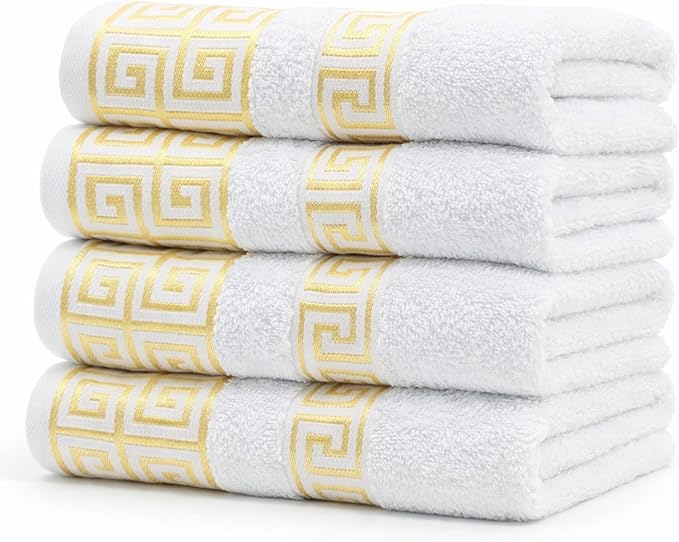 Luxury 4 Piece Hand Towel Set with Greek Key Design - 100% Cotton Soft & Absorbent Bathroom 19x35 in Large Towels - Quick Dry White Hand Towels for Spa, Hotel & Home Use BB2