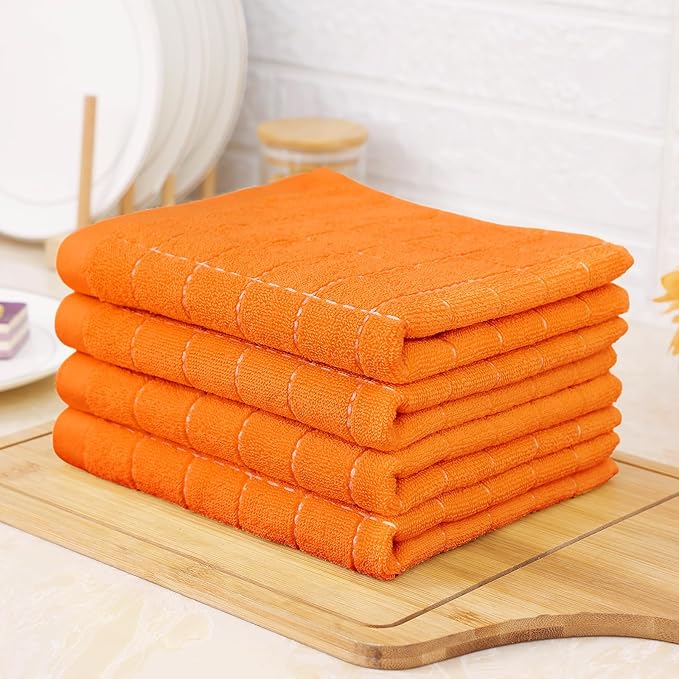 Homaxy 100% Cotton Terry Kitchen Towels(Orange, 13 x 28 inches), Checkered Designed, Soft and Super Absorbent Dish Towels, 8 Pack