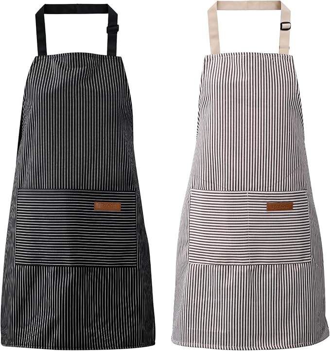 2 Pack Kitchen Aprons, Apron for Cooking with 2 Pockets, Unisex Adjustable Neck Strap Chef Aprons for Men Women Durable Striped Apron Set for Kitchen, Baking, Grilling and Daily Use