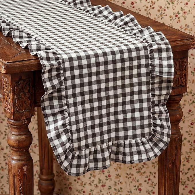 HunnmingRe 1 Pcs Dark Brown Plaid Gingham Ruffle Table Runner 118 x 13.8'' Farmhouse Table Runner 100% Cotton Scalloped Long Dresser Scarves for Dining Room, Wedding, Kitchen Rustic Home Decor