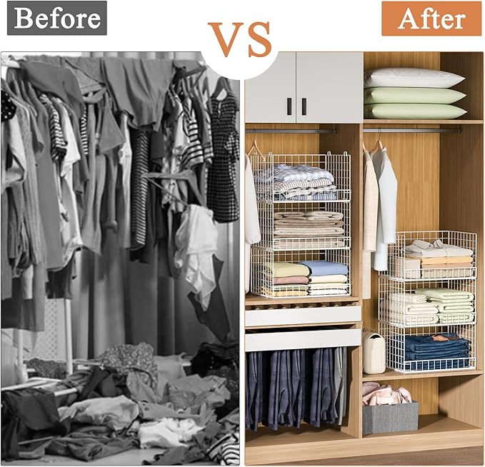 Yociyoga Closet Organizers and Storage Basket- 3-Tier Stackable Storage Bins, Foldable Closet Shelf Organizer Basket, Stackable Clothes Organizers Shelves for Home Organizer System