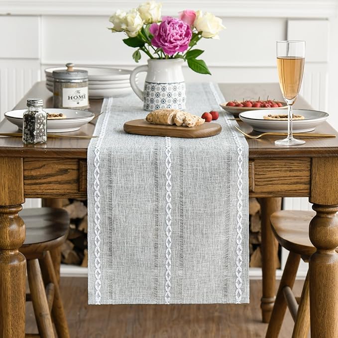 Artoid Mode Grey Rustic Cotton Linen Table Runner, Seasonal Embroidered Hollow Kitchen Dining Table Decoration for Home Party Decor 13x90 Inch