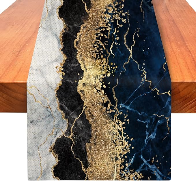 Marble Table Runner 72 Inches Long, Ink Golden Marble Texture Table Runner Dresser Scarves, Rustic Burlap Dining Room Table Decor for Kitchen Wedding Farmhouse Indoor Outdoor Home Party