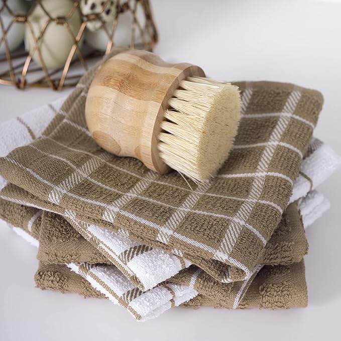 Ritz Premium 3-Pack Kitchen Towel & 6-Pack Dish Cloth Set - Highly Absorbent, Super Soft, Long-Lasting, 100% Cotton Terry Drying Cleaning Cloths, Mocha
