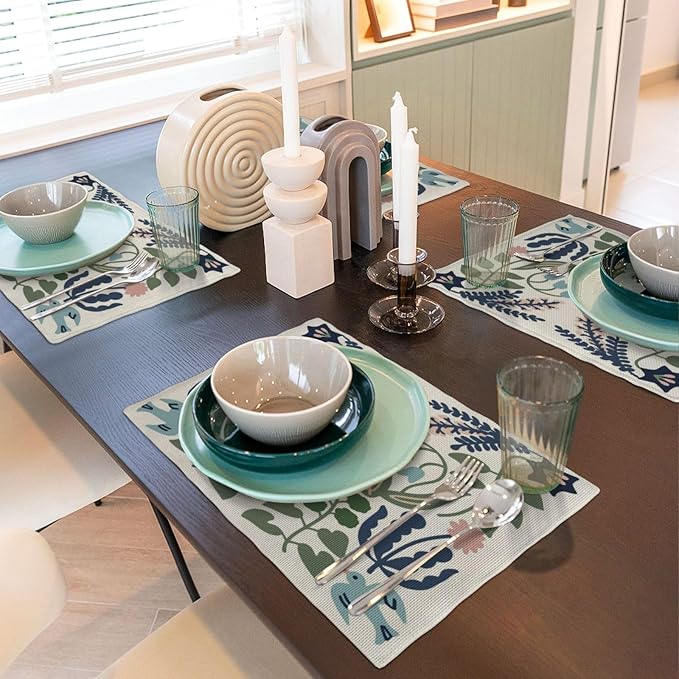 Boho Placemats Set of 4 Navy Blue Sage Green Vintage Floral Decor Place Mats 12x18 Inch Flower Spring Summer Seasonal Farmhouse Decoration Linen Table Mats for Home Kitchen Dining Party Table