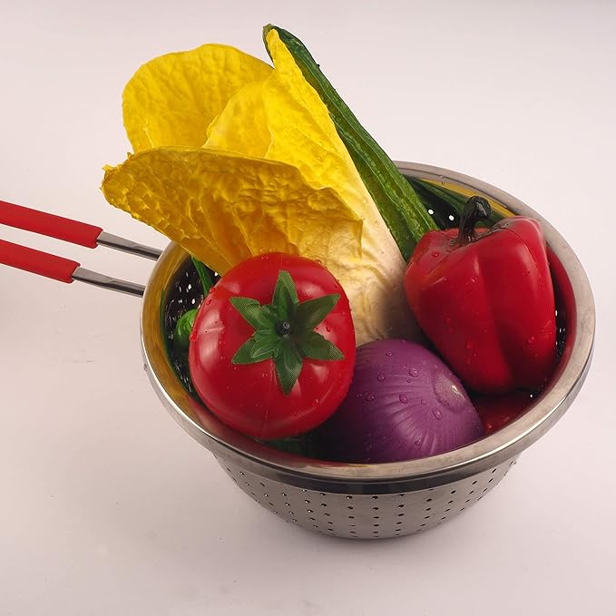 Stainless Steel Perforated Metal Colander Strainer with Long Red Handle Sieve Sifters Use for Kitchen Food Pasta Noodles Spaghetti Vegetables Silver - 7.9inch