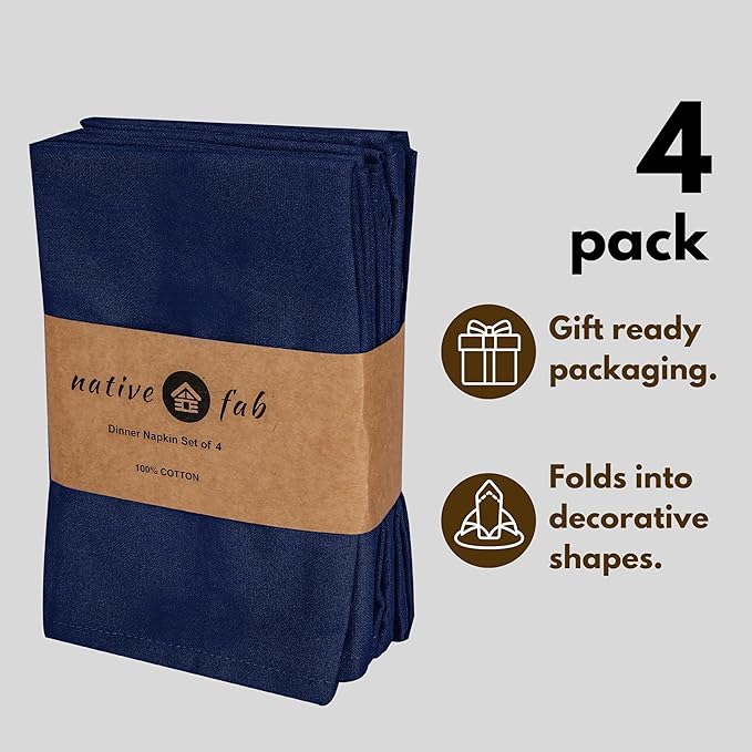 Native Fab Solid Cloth Napkin Set of 4, 100% Cotton, Washable, Reusable Dinner Cloth Napkin 17x17 inches, Table Decor Napkins for Dinner, Events, Ink Blue