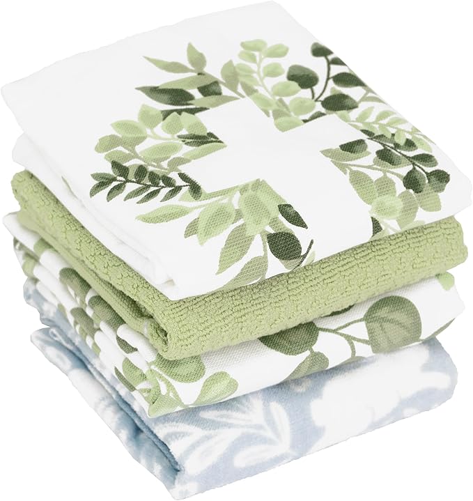 Ritz 100% Cotton Kitchen Towels, Eucalyptus Floral Spring – 16"x26" – Absorbent Dish Towels for Drying & Cleaning – Soft & Durable (Set of 4)