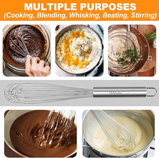 Webake 11" Stainless Steel French Whisk French Whip for Professional or Home, 304 Metal Whisk Set of 2