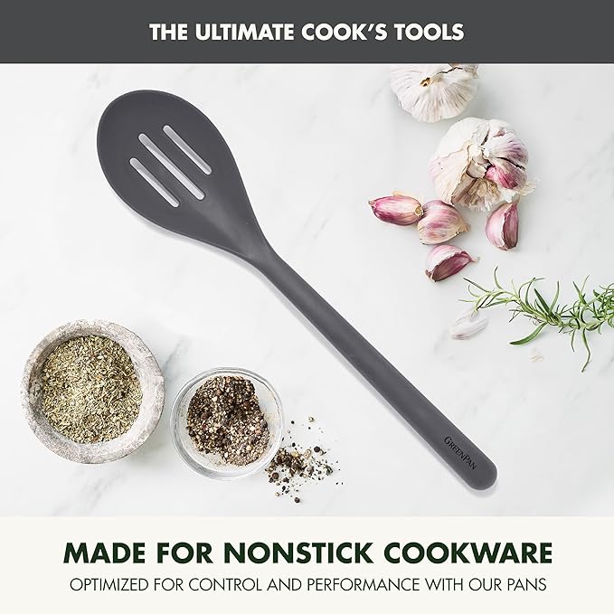 GreenPan Silicone Slotted Spoon, Cooking Kitchen Utensil, Mixing Stirring Serving, Flexible Rubber Nonstick Cookware, Rigid Steel Core Heat-Resistant, Anti-Slip Handle, BPA-Free, Dishwasher Safe, Gray