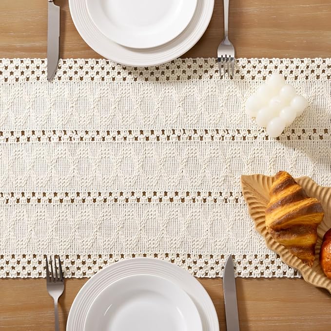 Socomi Boho Table Runner Macrame Easter Spring Farmhouse Woven Cotton Linen Rustic Coffee Table Runner with Tassels for Small Dresser Scarf Home Decor Dining Room 12x72 inch Cream Ivory