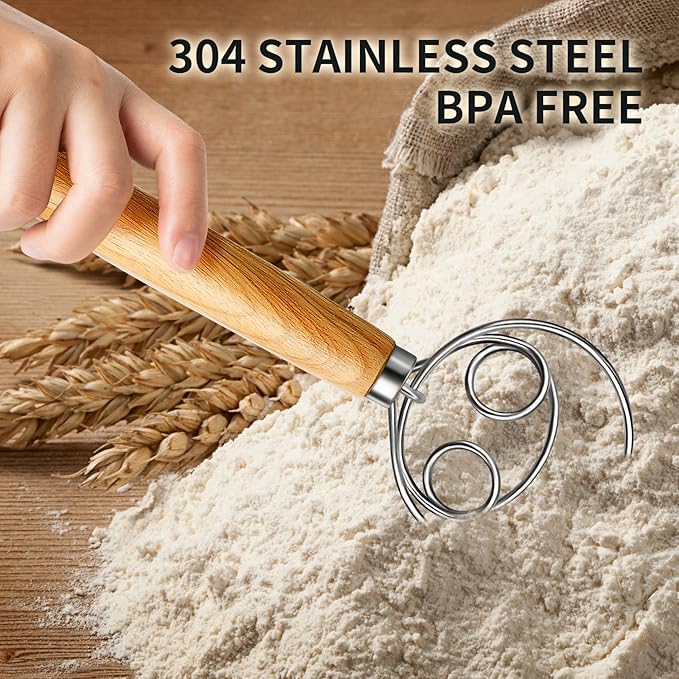 TEEVEA Danish Dough Whisk Stainless Steel Wooden Handle for Sourdough Pizza Bread Baking