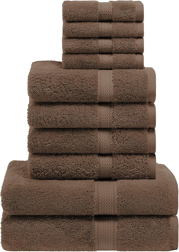 Superior Egyptian Cotton Pile 10 Piece Towel Set, Includes 2 Bath, 4 Hand, 4 Face Towels/ Washcloths, Ultra Soft Luxury Towels, Thick Plush Essentials, Guest Bath, Spa, Hotel Bathroom, Chocolate
