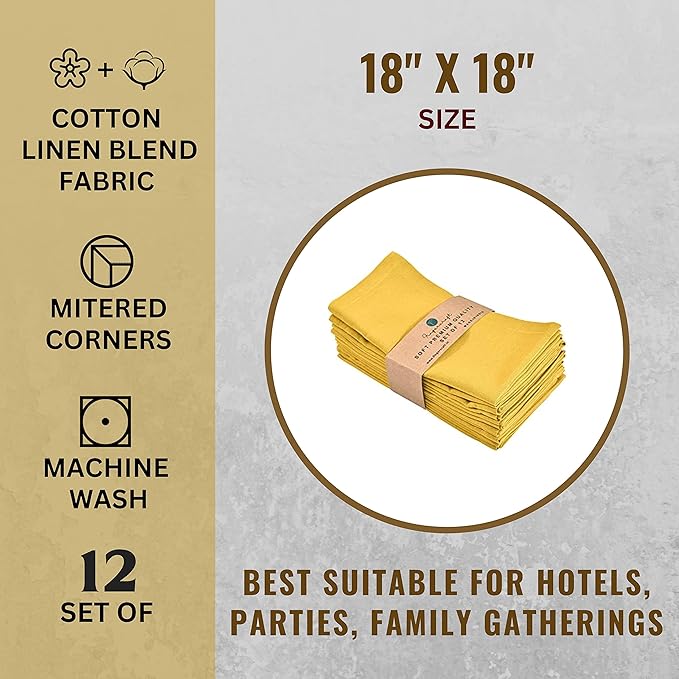 Fingercraft Dinner Cloth Napkins Set of 12 Cotton Linen Blend, Premium Quality, Mitered Corners Every Day Use Wedding Restaurant Christmas Napkins Cloth Good Absorbency 18x18 inch Yellow Easter Color