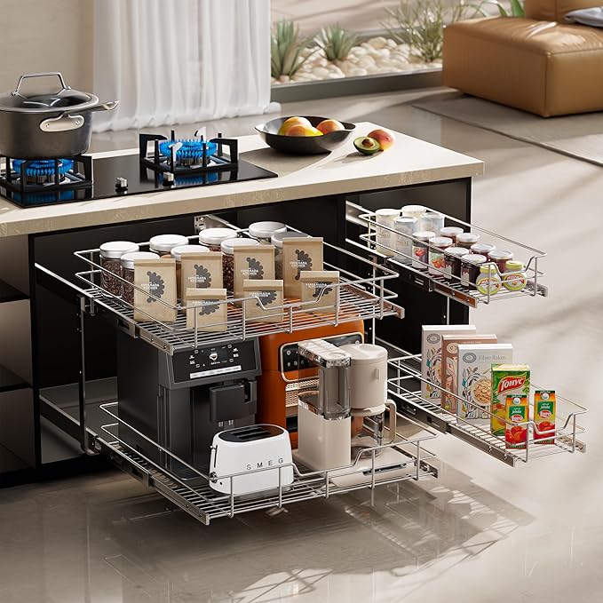 2 Tier Pull Out Cabinet Organizer 11" W X 22" D, Slide Out Drawers For Kitchen Cabinets, Pull Out Drawers For Cabinets Capacity Heavy Duty Caddy, Cabinet Pullout Shelves Chrome-Plated, Bathroom Pantry