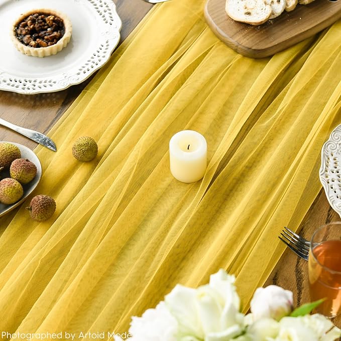 Artoid Mode 6PCS Yellow Gauze Table Runner 120 Inch 10FT, Seasonal Sheer Kitchen Dining Holiday Wedding Birthday Baby Shower Table Decor for Home Party
