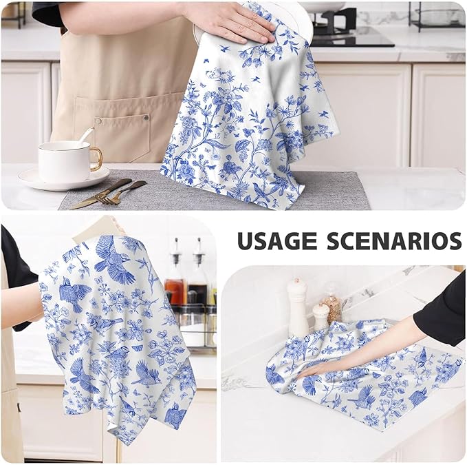 Chinoiserie Floral Kitchen Dish Towels 16x24 Inch, White Blue Flowers Bird Absorbent Tea Hand Towels for Kitchen Cooking Baking Farmhouse Holiday Decoration Set of 4, Chinoiserie Decor