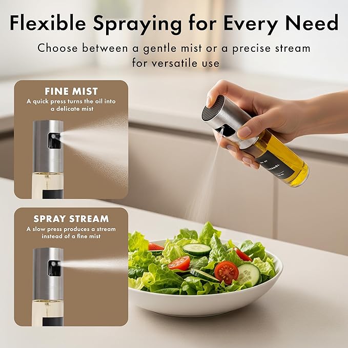 EDELHAUS Oil Sprayer Set of 2 Oil Spray Bottle Made of Stainless Steel & Glass, for Healthy Cooking, Sprayer for Precise Dosage, for Cooking Oil & Vinegar Including (Silver Lids, 2 Pack)