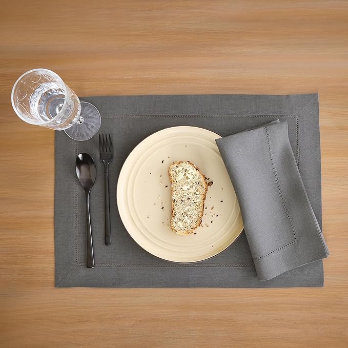 Solino Home Linen Cloth Napkins Set of 4-100% Pure Linen Steel Grey Dinner Napkins 20 x 20 Inch for Spring, Summer, Mothers Day - Classic Hemstitch, Handcrafted and Machine Washable