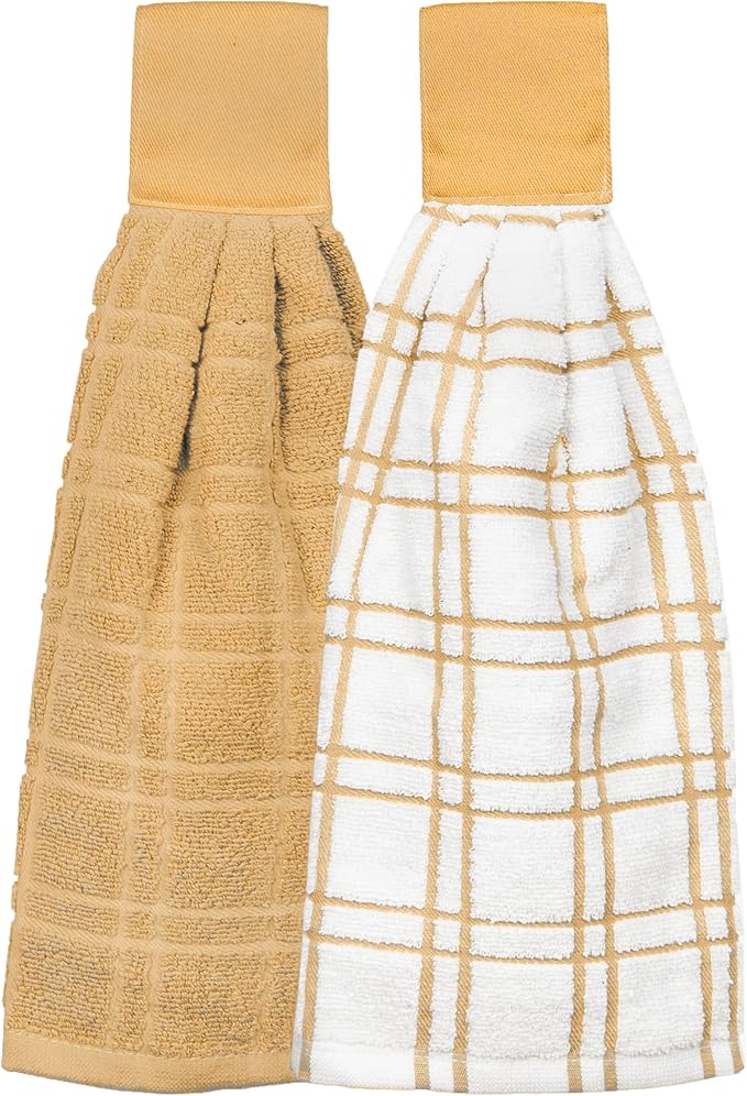 Ritz Premium 100% Cotton Solid and Multi Check Kitchen Tie Towel, Absorbent, Super Soft, and Fast Drying Hang Towel, Set of Two, Straw