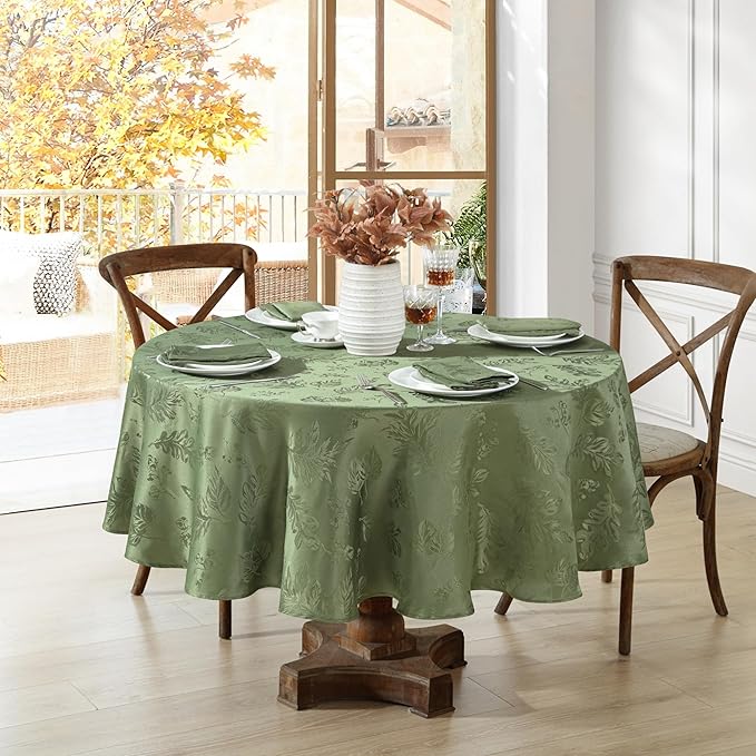 Elrene Home Fashions Elegant Woven Leaves Jacquard Damask Wrinkle Resistant Tablecloth for Fall/Harvest/Thanksgiving, 70" x 70", Round, Olive