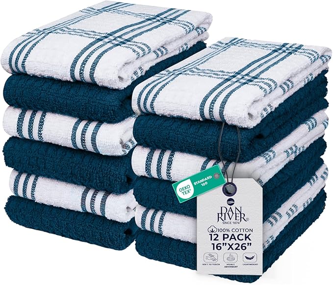 DAN RIVER Premium Kitchen Towels - [Pack of 12] 100% Cotton (16x 26 Inches) -Super Soft,Highly Absorbent, Quick Dry, Dish Towels for Kitchen Towels -Blue Opal