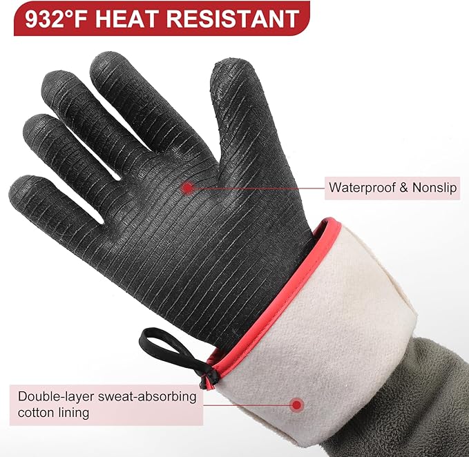BBQ Grill Gloves – Heat Resistant up to 932°F, Waterproof & Oil Resistant Neoprene, 14-Inch Long Sleeve Cooking Gloves for Grilling, Fryer, Baking, Smoker