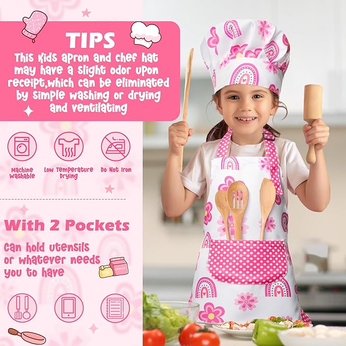 R HORSE Kid Apron and Chef Hat Set - 2Pcs Adjustable Children Pink Rainbow Kitchen Toddler Apron for Girls, Role Play Chef Toy Cooking Baking Painting and Training Kits Kid Funny Cooking Birthday Gift