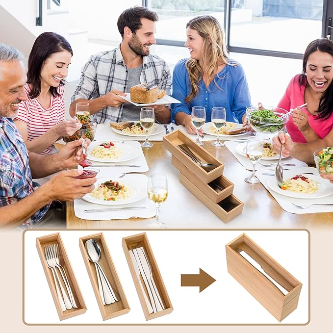 Baderke 3 Pcs Bamboo Drawer Organizer 10 x 3 x 2'' Kitchen Silverware Organizer Tray Long Stackable Storage Box Wooden Utensil Holder with Silverware Set for Kitchen Bathroom Cabinet(Natural)