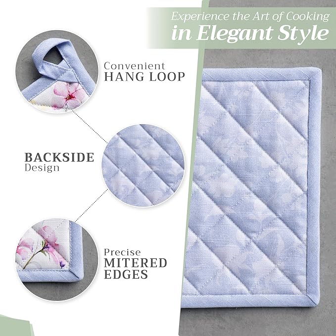 Maison d' Hermine Pot Holders 100% Cotton Heat Resistant Potholders 8" x 8" Hot Pads with Loop BBQ Cooking Baking Gifts for Mothers Day Handling Hot Pans Spring/Summer (Pack of 2, Summer Floral)