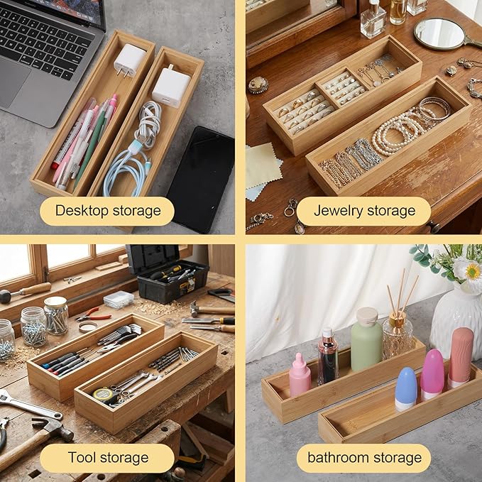 Lemecima Kitchen Drawer Organizer, Bamboo Utensil Tray Set of 4 for Silverware, Office, Bathroom & Pantry Storage, Natural Wood Compartments (11.8"x3"x2")