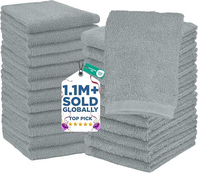 DAN RIVER 24 Pack Wash Cloths for Showering [12x12] - 100% Cotton Washcloths Premium Quality Flannel Face Cloths for Bathroom, Highly Absorbent and Soft Feel Wash Clothes, Silver