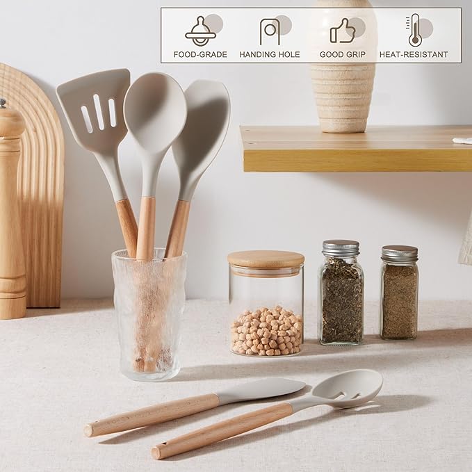 E-far Silicone Cooking Utensils Set, 10-Piece Heat Resistant Kitchen Utensils Set with Wooden Handle for Nonstick Cookware, Kitchen Nonstick Tools Spatula Whisk Tongs Ladle, Non-toxic & Healthy(Khaki)