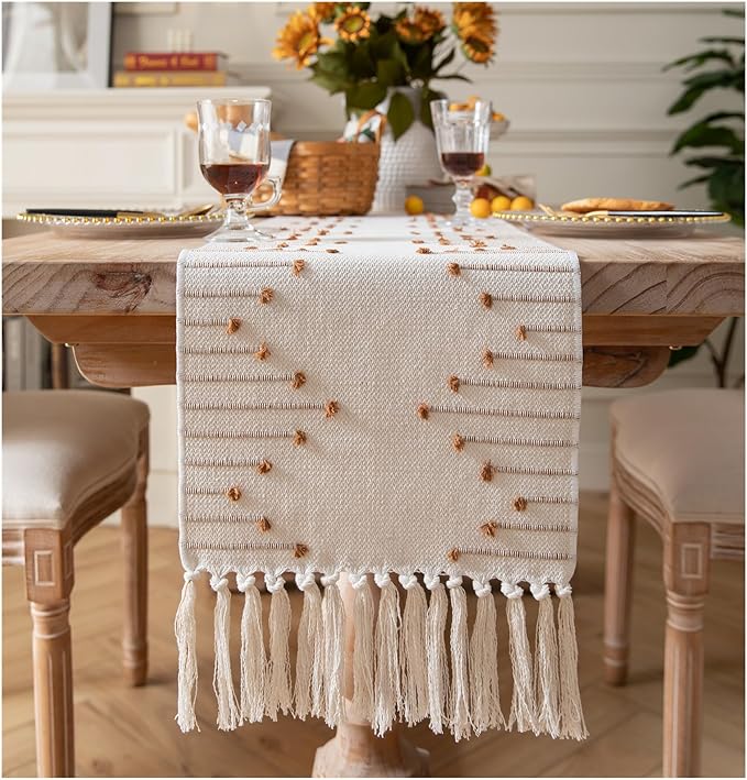 Boho Table Runner 13 x 48 Inch Long Natural Cotton Woven Runner with Tassels for Home Dining Table décor, for Modern Farmhouse Decor Coffee Table Runner, Brown and Beige